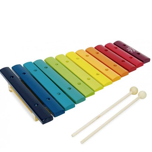 Vilac houten xylofoon in regenboogkleuren met twee stokjes.