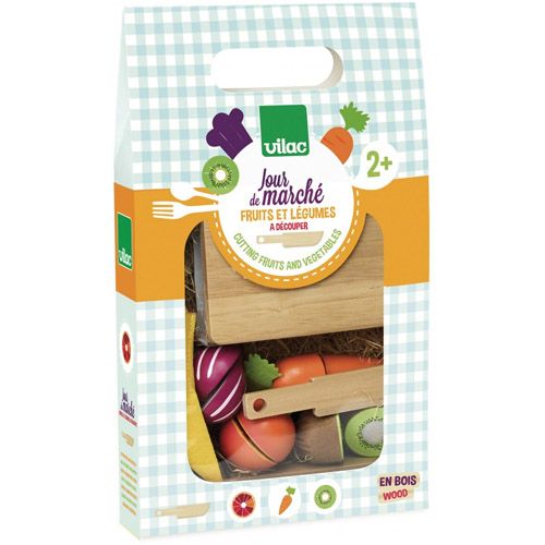 De Vilac verpakking van de houten speelgoedset met snijplank en snijdbare groenten en fruit, met een geruit patroon en Franse tekst.