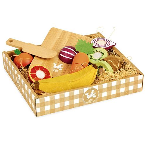 Vilac houten speelgoedset met snijplank, mes en snijdbare groenten en fruit, gepresenteerd in een geruite kartonnen doos met stro.