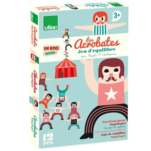 De Vilac verpakking van het houten stapelspel 'Les Acrobates' met illustraties van figuren.