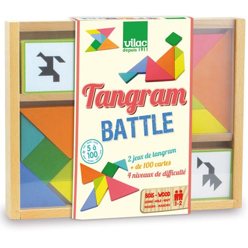 Verpakking van de Vilac Tangram Battle houten puzzel met kleurrijke tangram figuren.