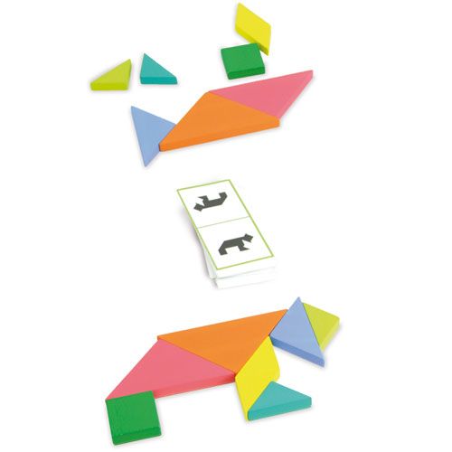Vilac houten tangram stukken vormen twee verschillende dierfiguren met een patroonkaart ertussen.
