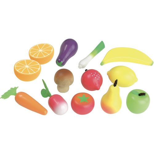 Een collectie van 12 kleurrijke houten speelgoed groenten en fruit.