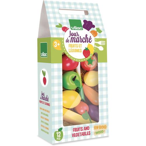 De Vilac verpakking van het houten speelgoed groenten en fruit.