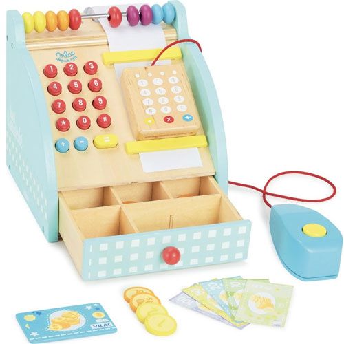 Vilac houten speelgoedkassa met open lade, rekenmachine, scanner, creditcard en speelgeld.