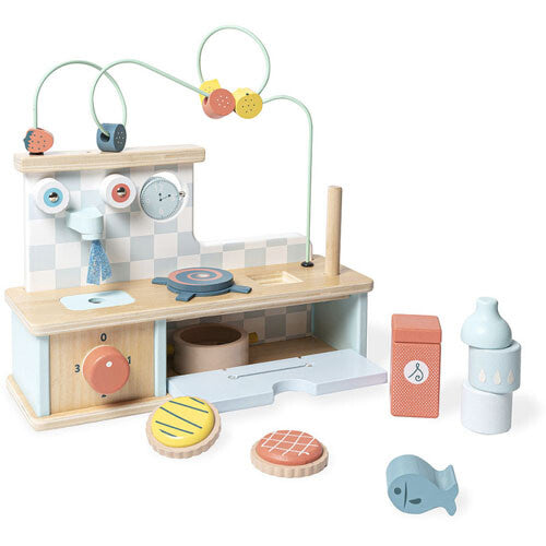 Vilac houten kinderkeuken met looping, inclusief accessoires zoals koekjes en een melkpak.