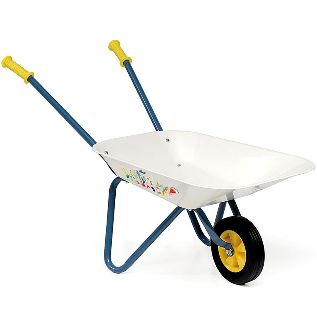 Vilac kinderkruiwagen met beige bak, blauw frame en een patroon van groenten en fruit.