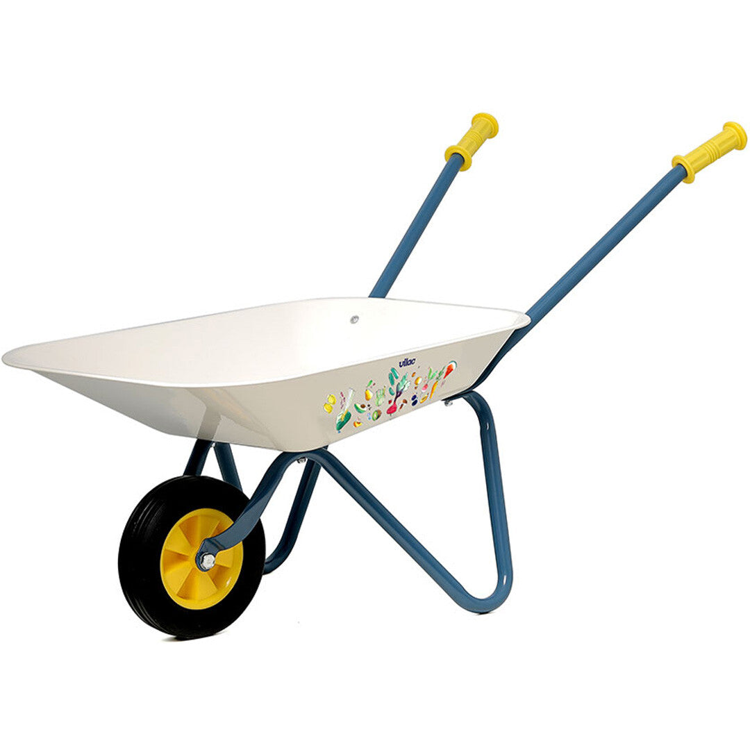 Vilac kinderkruiwagen met beige bak, blauw frame en een patroon van groenten en fruit.