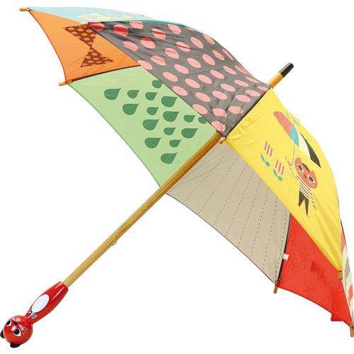 Vilac kinderparaplu met veelkleurige panelen en een rood kattenhandvat.