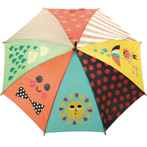 Vilac kinderparaplu van bovenaf gezien met diverse kleurrijke patronen en figuren.