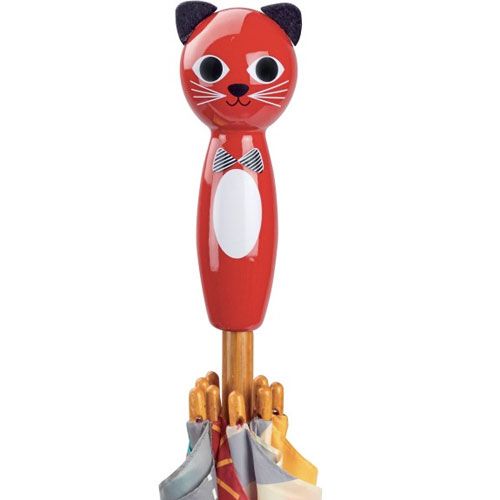 Detail van het rode kattenhandvat van de Vilac kinderparaplu.