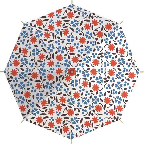 Bovenaanzicht van de open kinderparaplu met een veelkleurig gebloemd patroon.