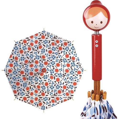 Vilac kinderparaplu met gebloemd patroon en rood Roodkapje handvat, deels geopend.