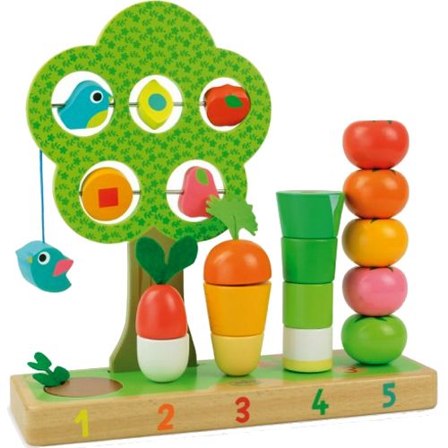 Vilac houten educatief telspel met boom, vogels en stapelbare groenten en fruit op een genummerde basis.