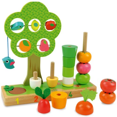 Vilac houten educatief telspel met boom, vogels en losse groenten en fruit naast de telpinnen.