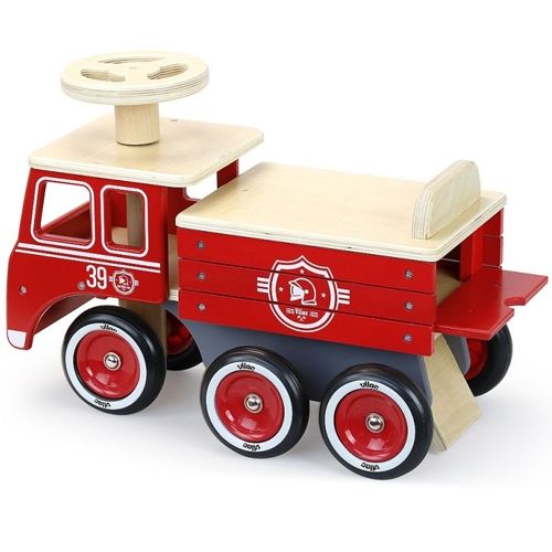 Vilac houten brandweer loopwagen voor peuters, schuin van achteren.