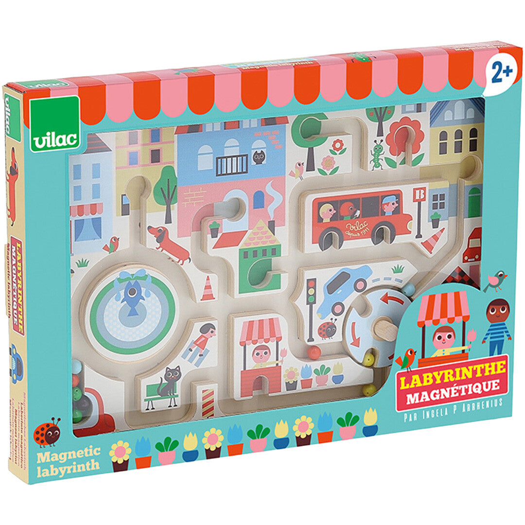 Schuine weergave van de Vilac verpakking van het magneetspel doolhof met stadsthema.