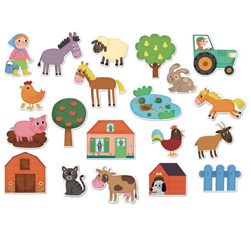 Vilac houten boerderij magneten set met 20 figuren, waaronder dieren, een boer, een tractor en gebouwen.
