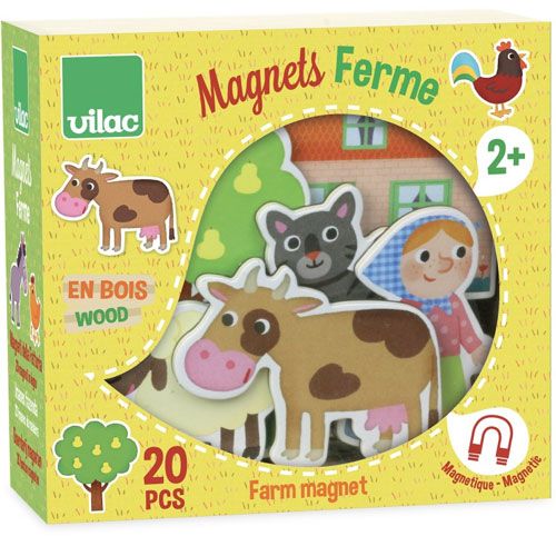 De verpakking van de Vilac houten boerderij magneten set met een kijkvenster en afbeeldingen van de inhoud.