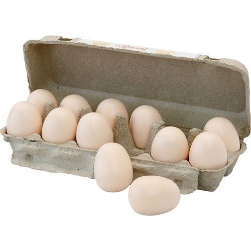 Een open kartonnen eierdoos met 10 beige houten speelgoedeieren erin en 2 ernaast.