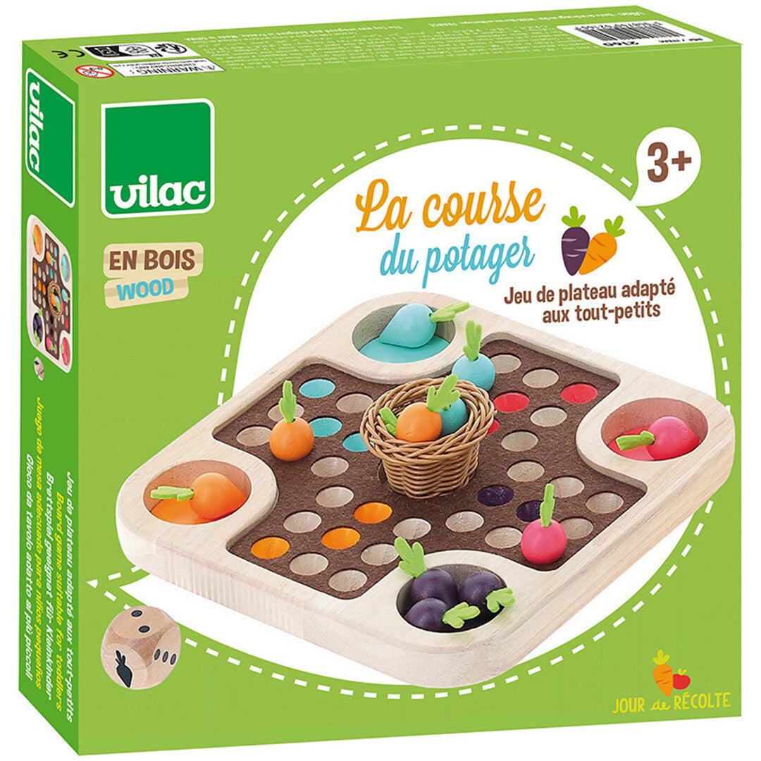 De groene verpakking van het Vilac houten moestuin bordspel 'La course du potager'.