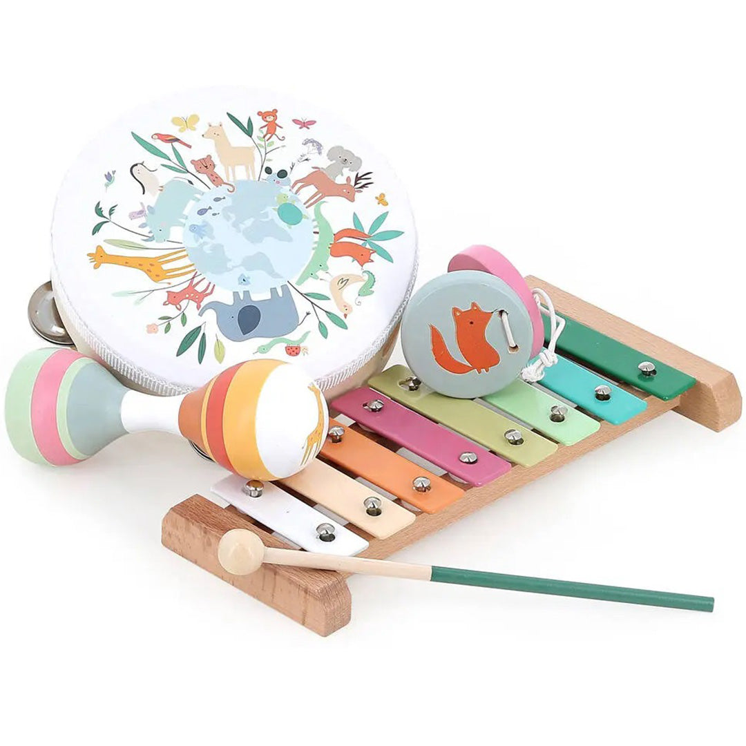 Vilac muziekset met een tamboerijn met dieren, een xylofoon, een rammelaar en castagnetten.