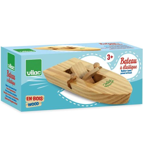Verpakking van het Vilac opwindbaar houten speedbootje.