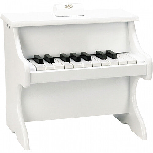 Vilac wit houten speelgoedpiano met zwarte en witte toetsen.