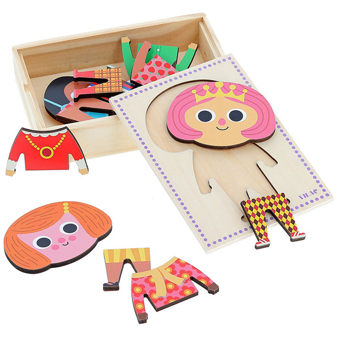 Open Vilac houten aankleedpop puzzel doos met losse hoofd- en kledingstukken eromheen.