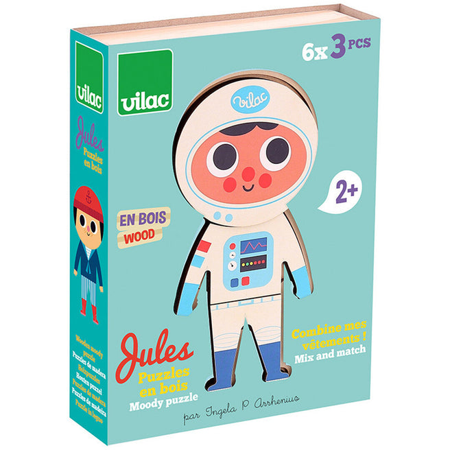 Schuine weergave van de Vilac houten puzzelverpakking met een jongen in astronautenpak.