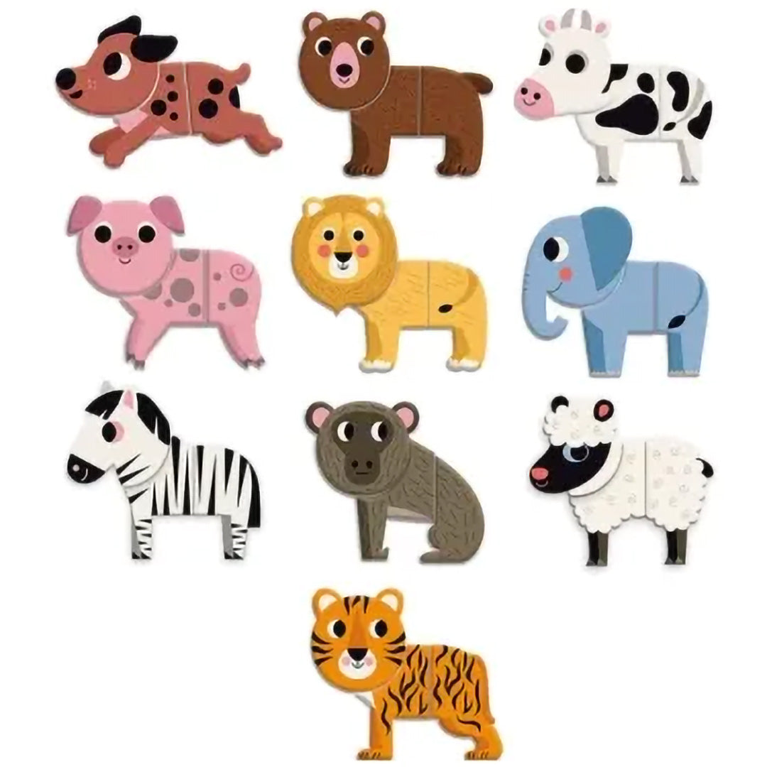 Tien complete houten puzzeldieren, waaronder een hond, beer, koe, varken, leeuw, olifant, zebra, aap, schaap en tijger.