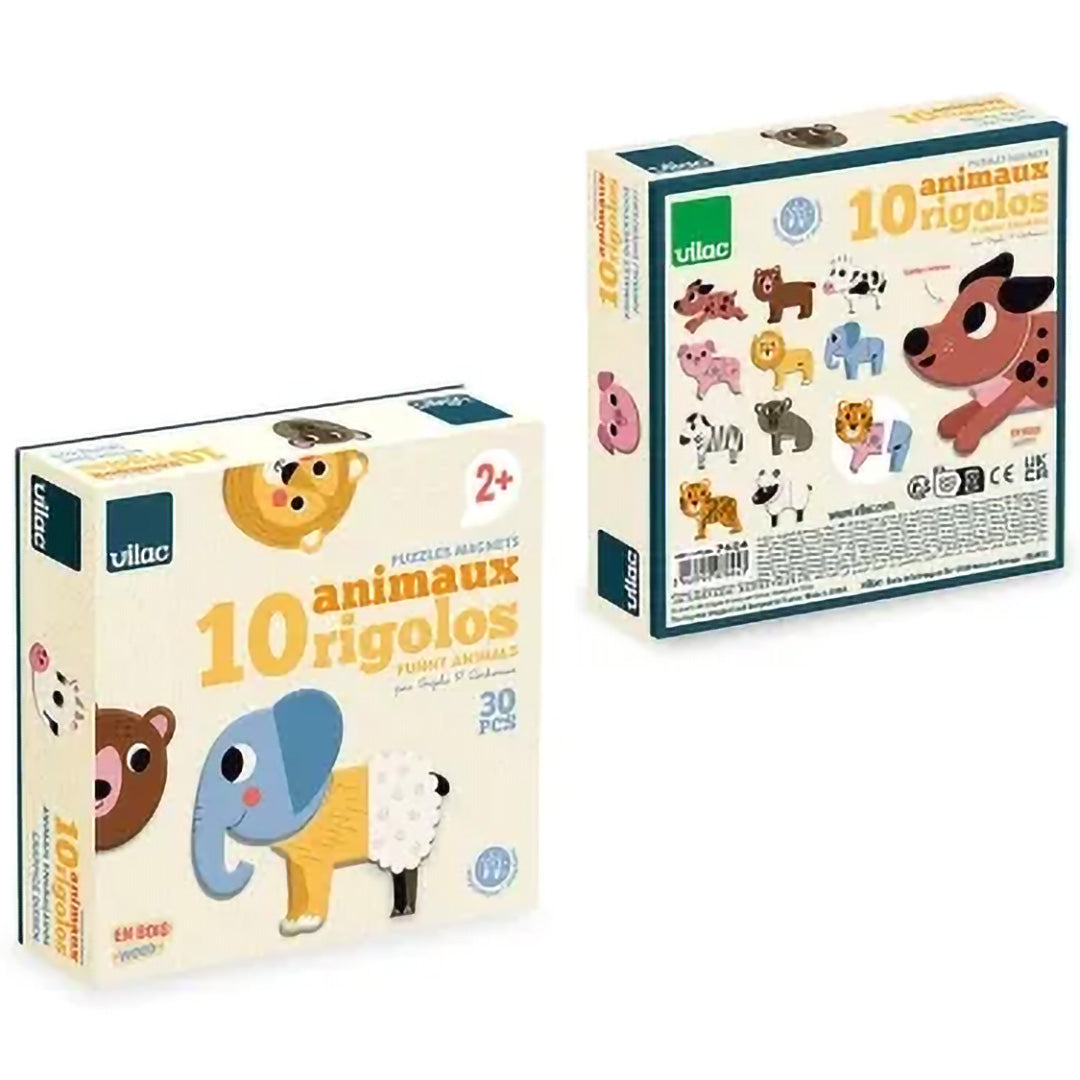 Twee Vilac verpakkingen van de houten puzzel '10 grappige dieren', één toont de voorkant en één de achterkant.