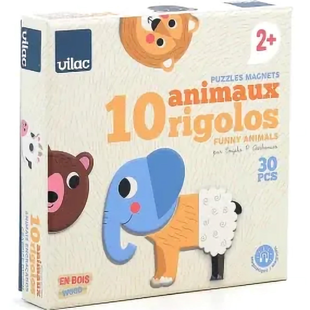 De Vilac verpakking van de houten puzzel '10 grappige dieren' met een olifantenhoofd, leeuwenlijf en schapenachterkant.