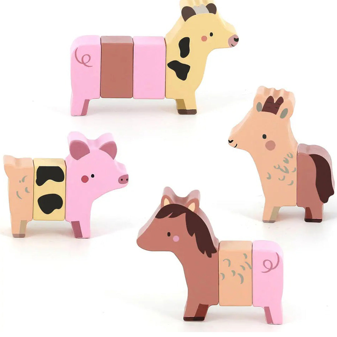 Vilac houten boerderijdieren puzzel met een koe, varken, geit en paard, waarvan de lichaamsdelen verwisseld zijn.