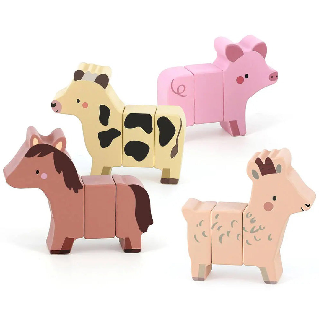 Vilac houten boerderijdieren puzzel met een koe, varken, paard en geit, correct in elkaar gezet.