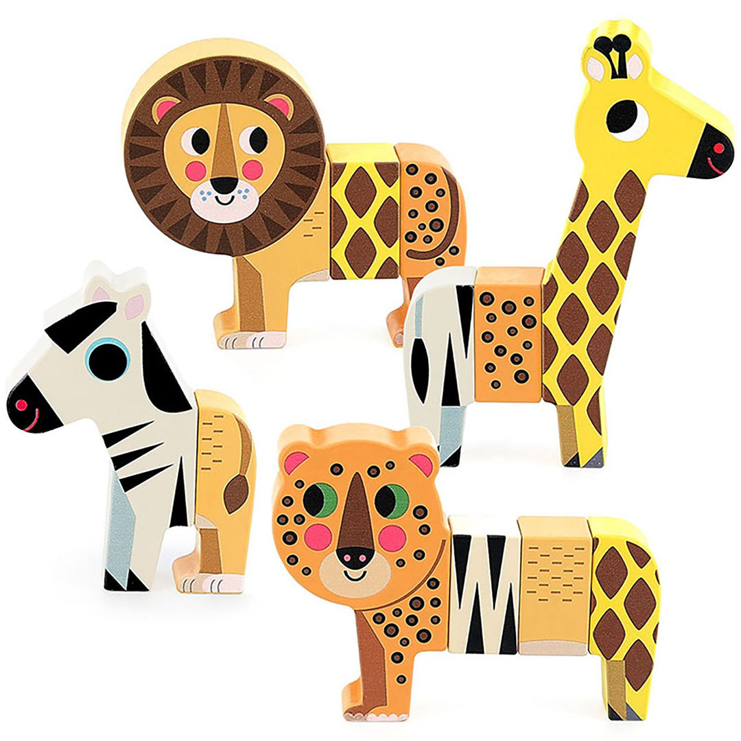Vilac houten puzzel van vier savannedieren: een leeuw, giraffe, zebra en luipaard.