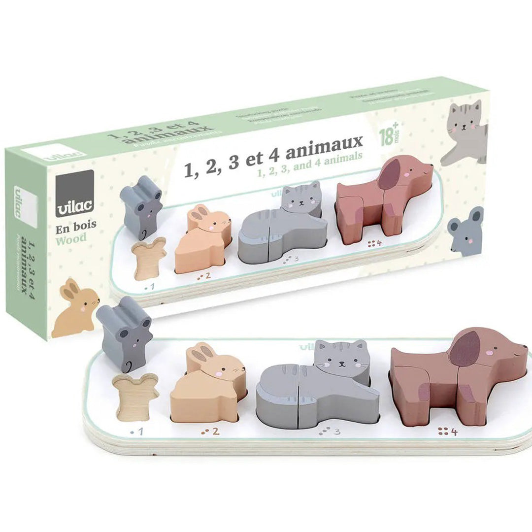 De Vilac houten dieren telpuzzel naast de verpakking met de tekst '1, 2, 3 et 4 animaux'.