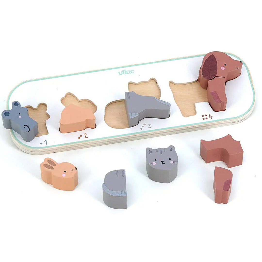 Vilac houten dieren telpuzzel met de muis, konijn, kat en hond deels uit de puzzel.