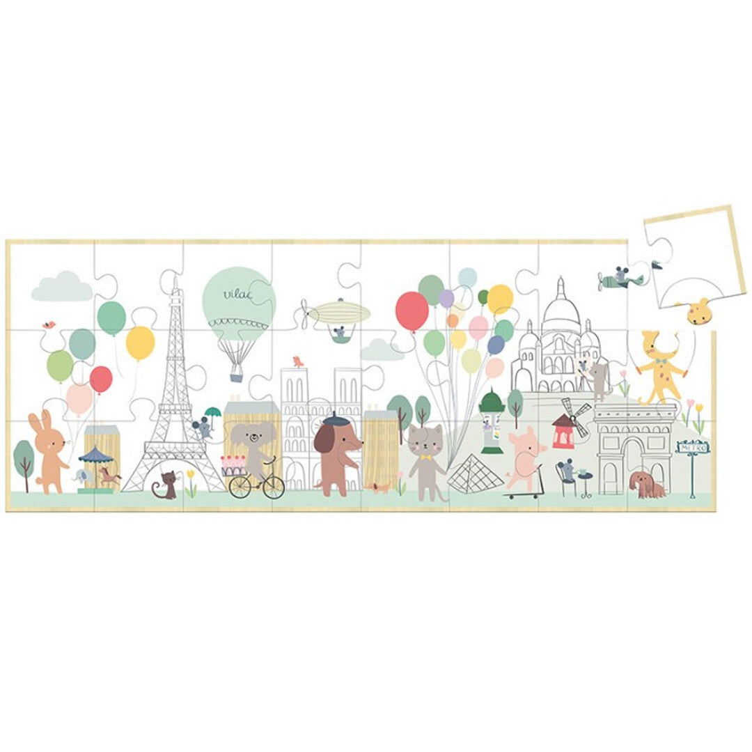 Vilac houten puzzel van een panoramisch Parijs tafereel met dieren, de Eiffeltoren en andere bezienswaardigheden.