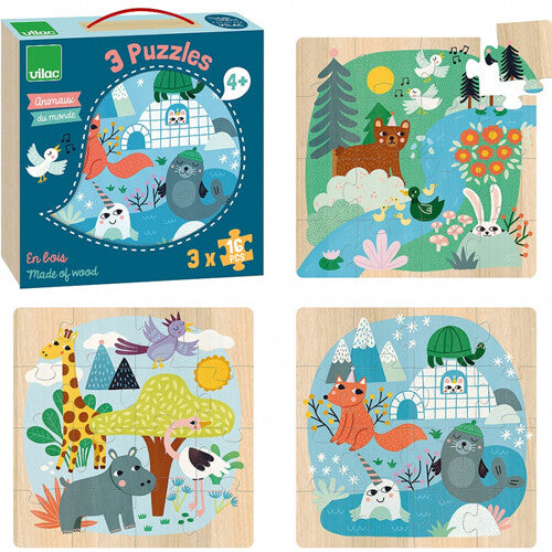De Vilac houten puzzelset 'Dieren van de wereld' met de verpakking en drie voltooide dierenpuzzels.