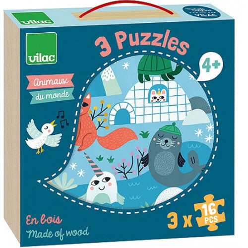 De voorkant van de Vilac houten puzzelset 'Dieren van de wereld' verpakking met een afbeelding van arctische dieren.