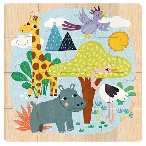 Een voltooide Vilac houten puzzel met savannedieren zoals een giraf, nijlpaard, struisvogel en vogel.