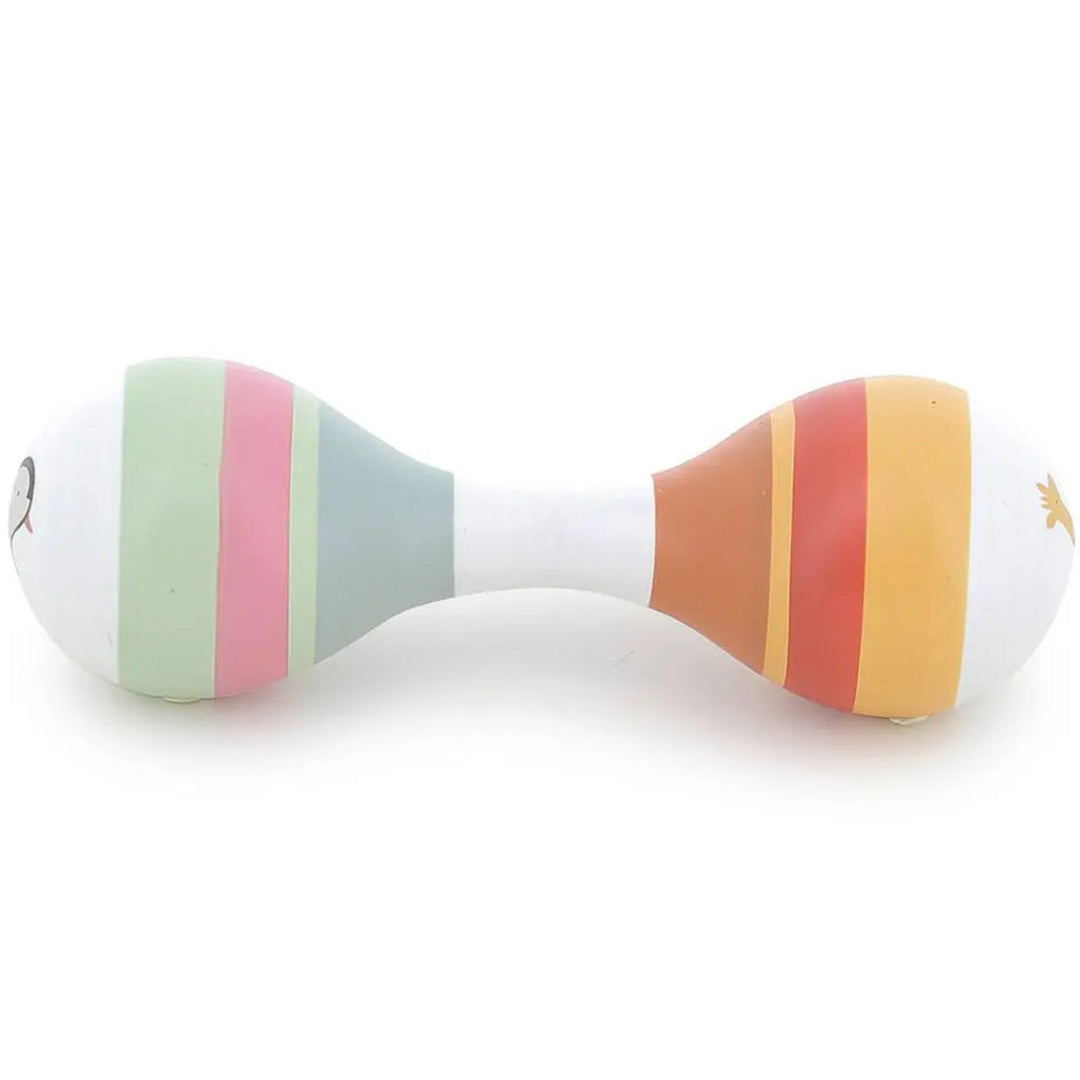 Vilac houten rammelaar maraca voor peuters met gestreepte patronen, een pinguïn en een giraf.