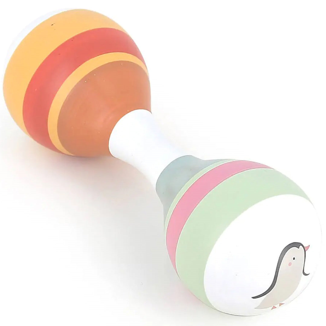 Vilac houten rammelaar maraca voor peuters met gestreepte patronen en een pinguïn.