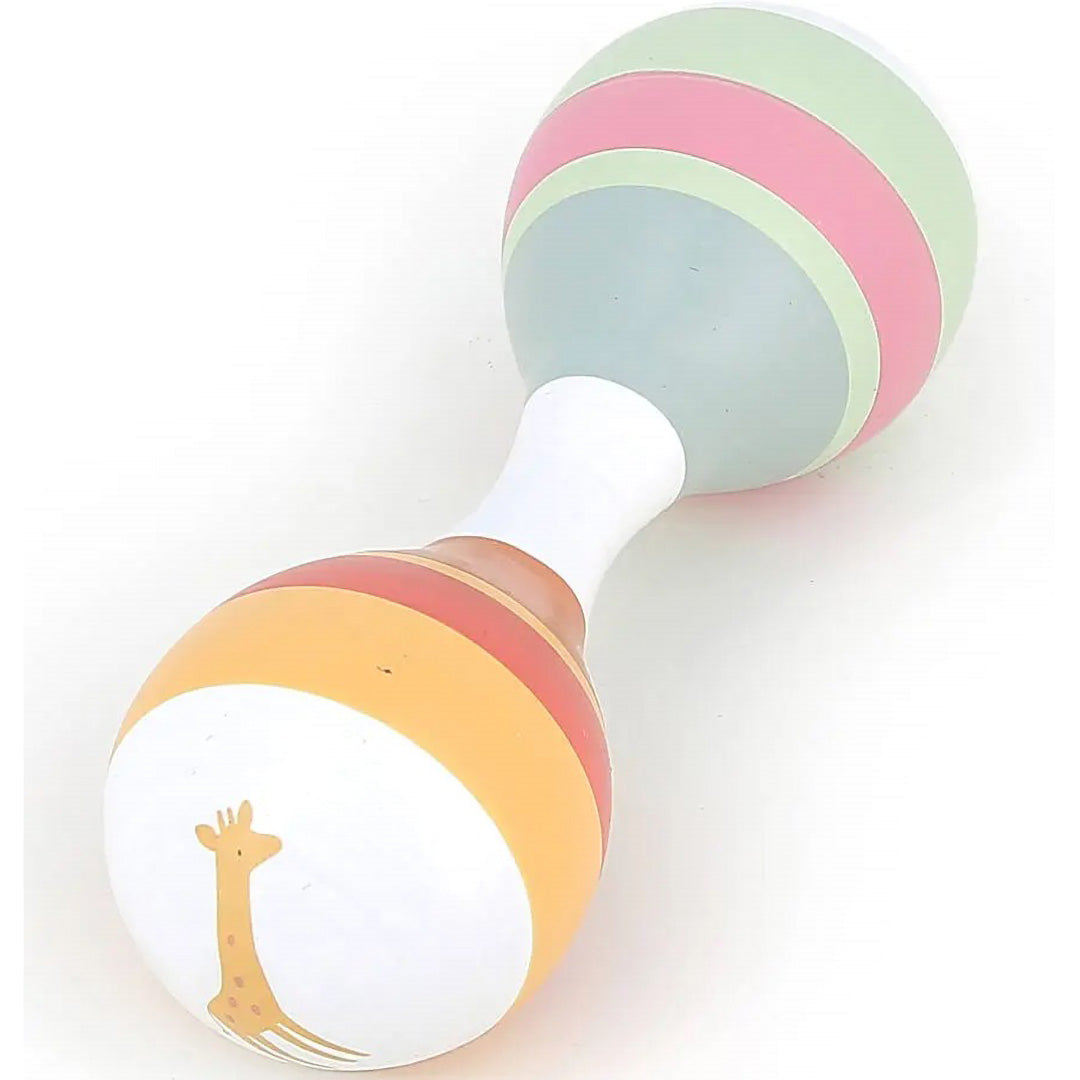 Vilac houten rammelaar maraca voor peuters met gestreepte patronen en een giraf.
