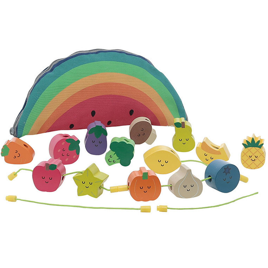 Vilac rijgkralen tutti frutti met houten fruit- en groentekralen en een regenboog opbergzak.