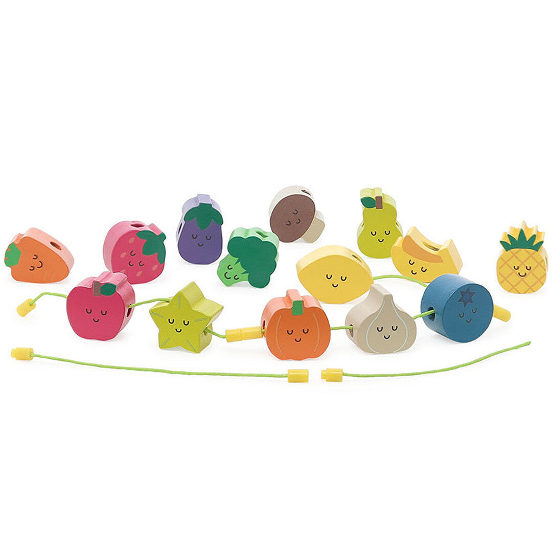 Vilac rijgkralen tutti frutti met diverse houten fruit- en groentekralen en groene rijgveters.
