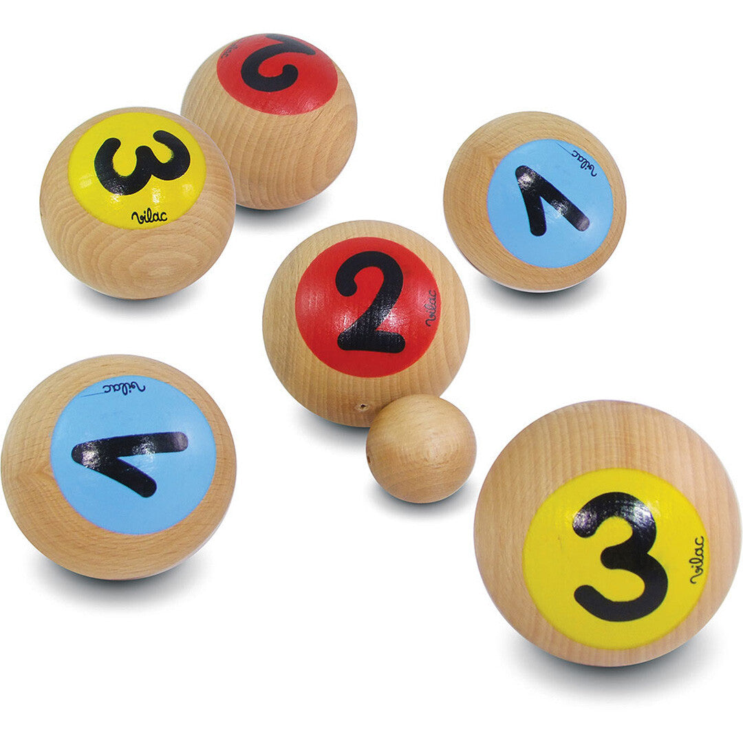 Vilac houten jeu de boules ballen met gekleurde cijfers 1, 2 en 3.