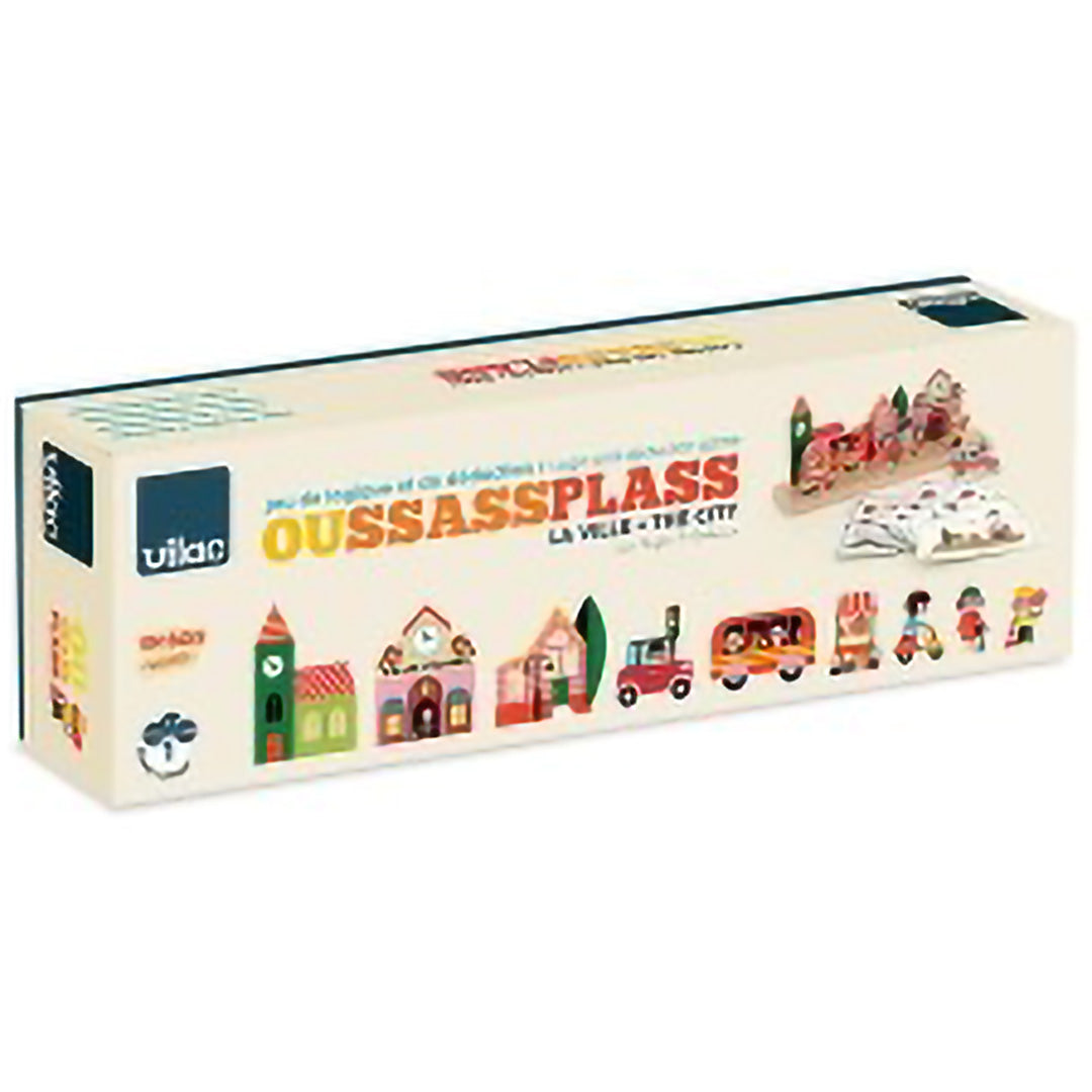 De verpakking van het Vilac houten solospel Oussassplass La Ville.