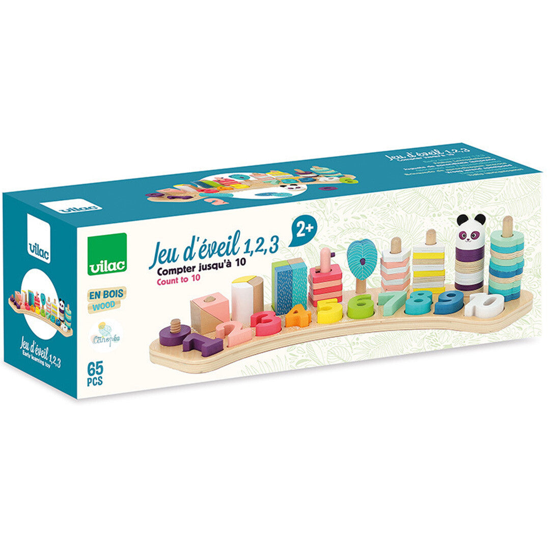 De verpakking van het Vilac houten sorteer- en telspel met een afbeelding van het speelgoed.